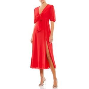 Ieena Mac Duggal Size 6 Red Dress Bow V Front Midi NWT Side slit Wedding Resort